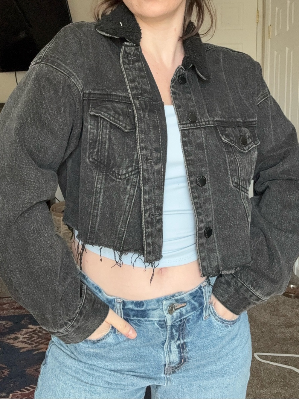Forever 21 Black Washed Cropped Denim Jacket with Sherpa Collar